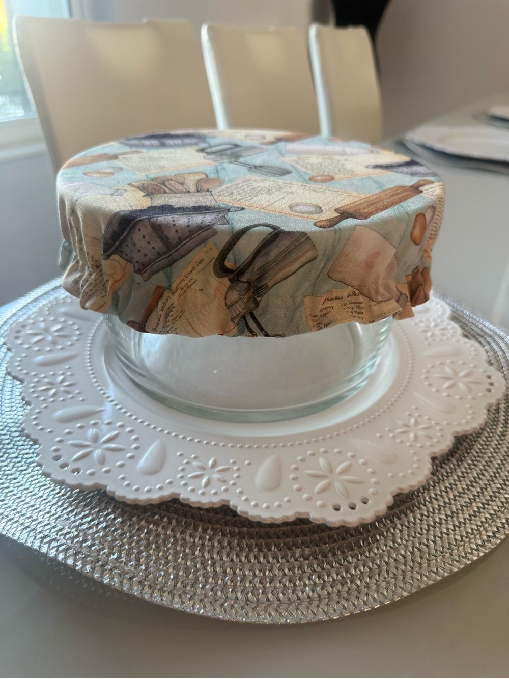 Reusable Fabric Bowl Cover in Light Blue with Kitchen Print